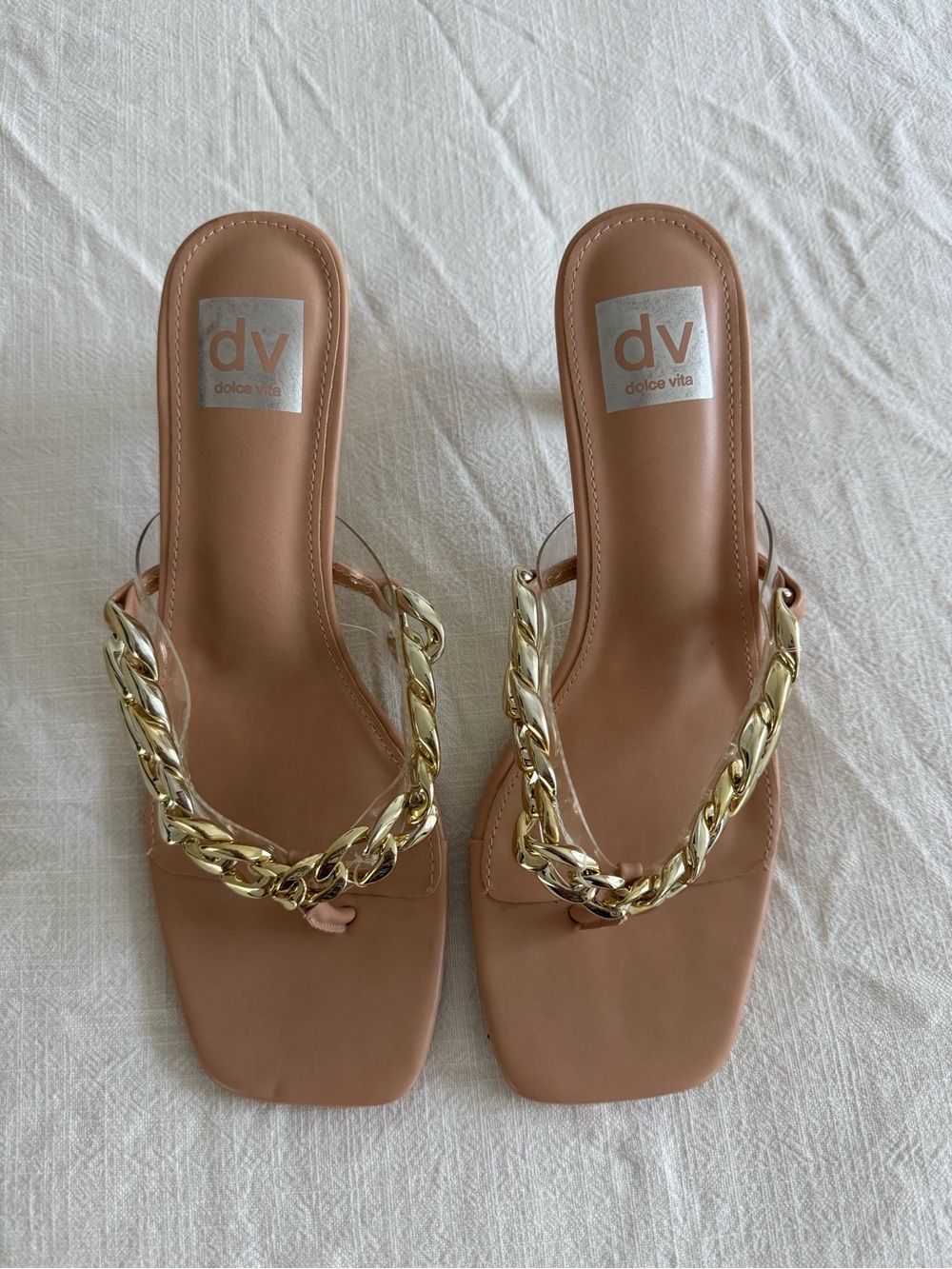 Dolce Vita Nude Tan Slide Sandals with Gold Chain
